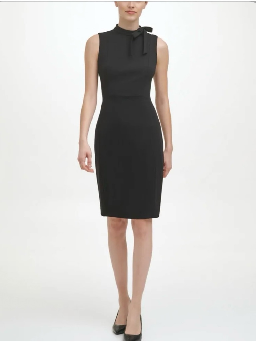 Calvin Klein Black Sleeveless Midi Sheath Dress with Neck Bow